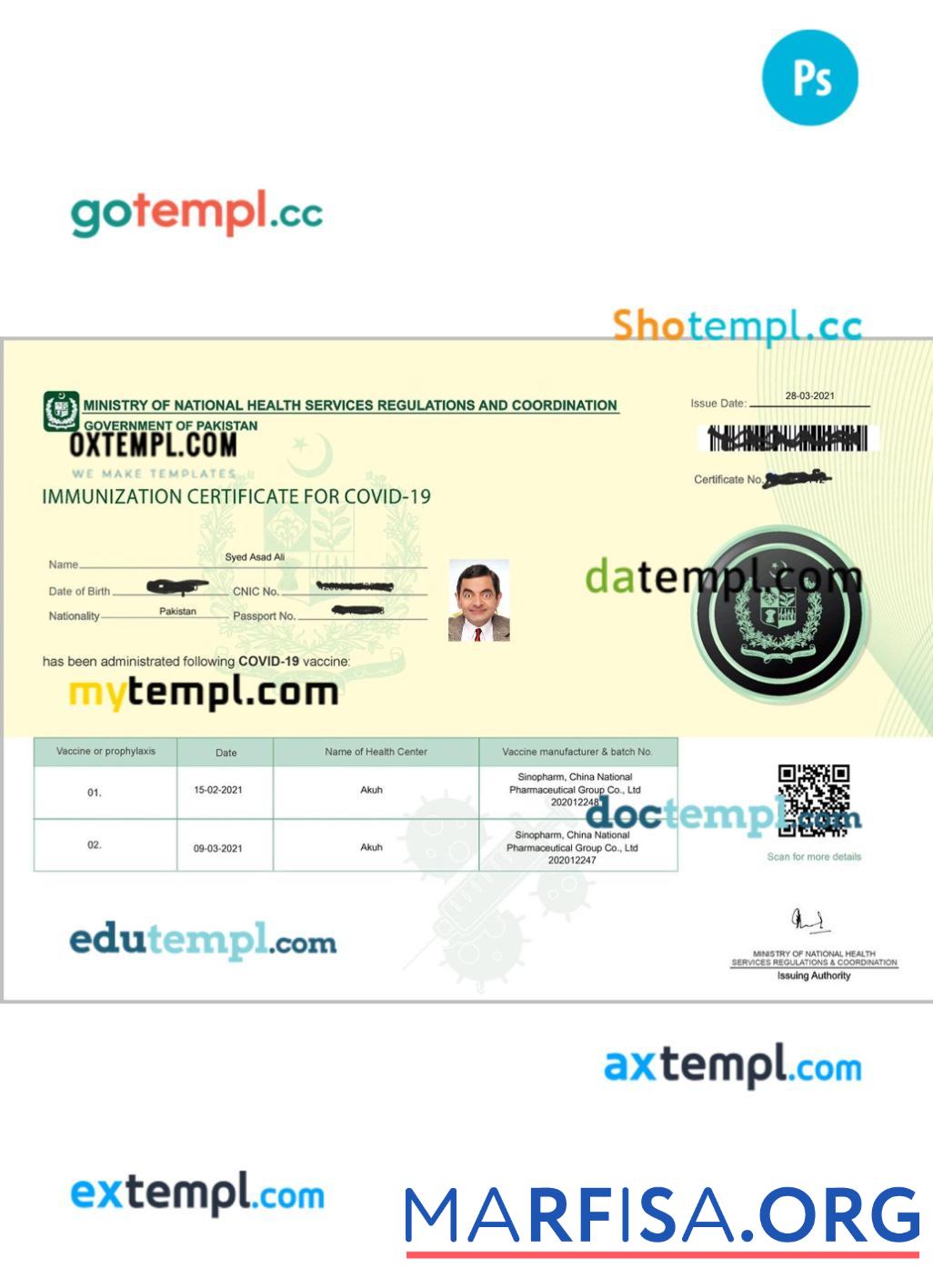 Realistic Pakistan immunization certificate for covid 19 template